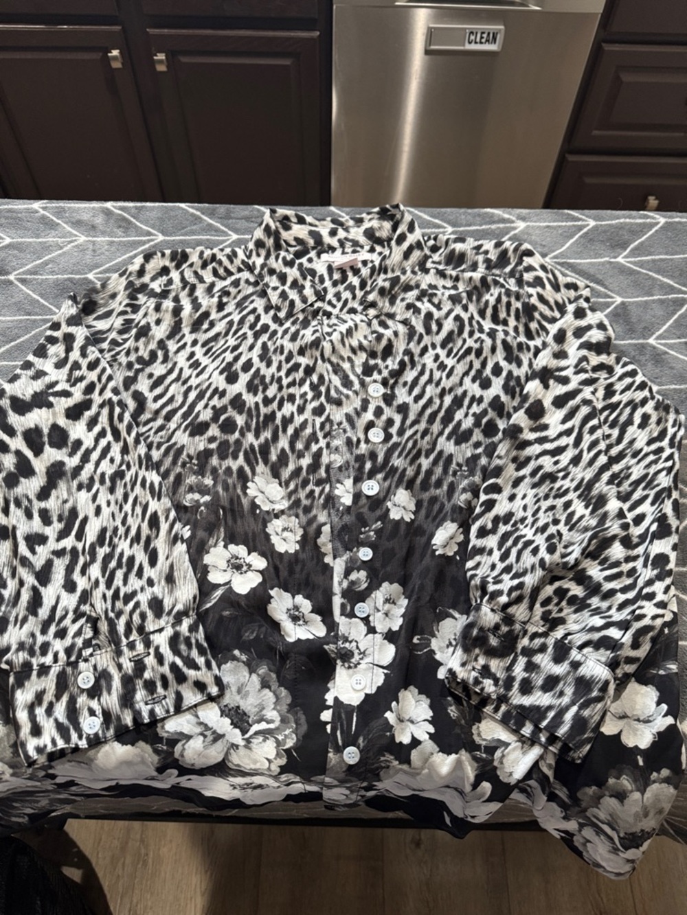 Allison Daley Black and White Leopard Floral Button-Down Blouse